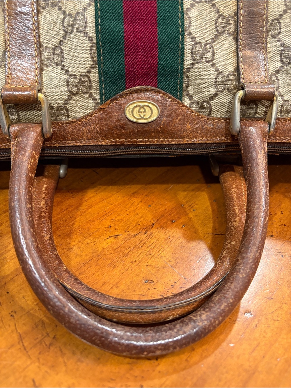 Gucci Brown Monogram Boston Bag with Green and Red Stripe - Picture 5 of 14